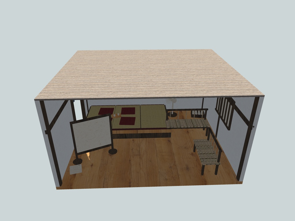 【VRChat想定】旅館の湯上がり処セット|小上がり・籐の長椅子・扇風機・瓶のケース【unitypackage / FBX・OBJ】