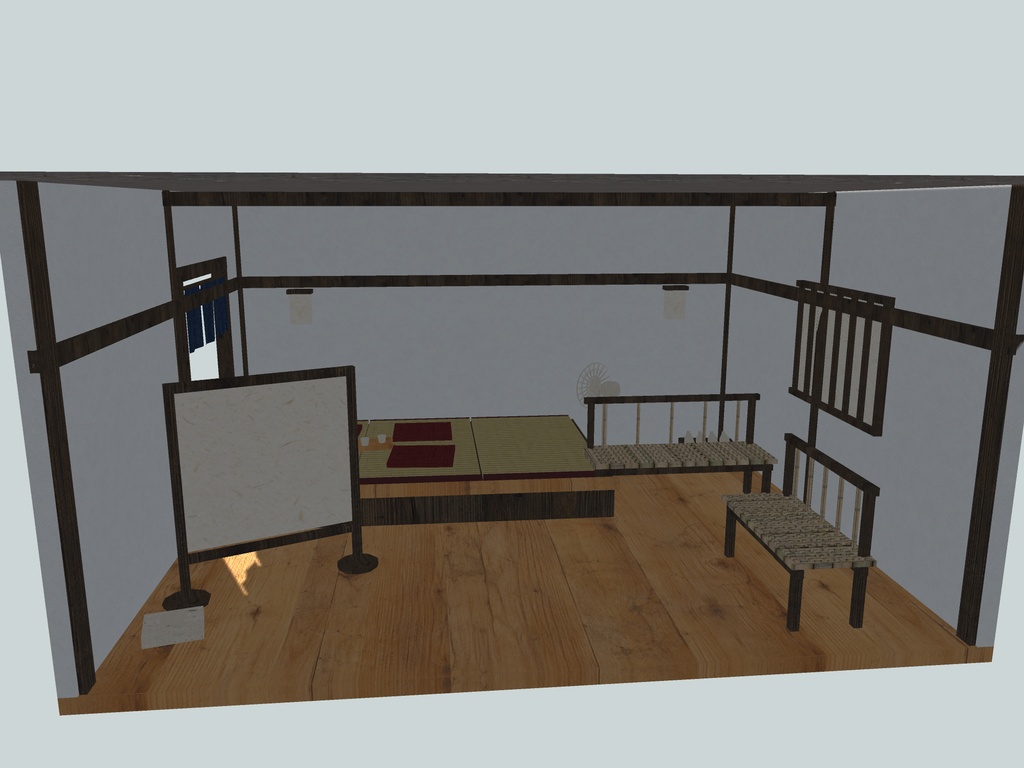 【VRChat想定】旅館の湯上がり処セット|小上がり・籐の長椅子・扇風機・瓶のケース【unitypackage / FBX・OBJ】