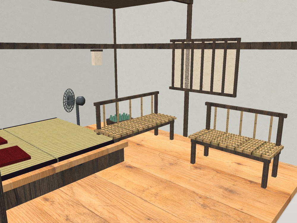 【VRChat想定】旅館の湯上がり処セット|小上がり・籐の長椅子・扇風機・瓶のケース【unitypackage / FBX・OBJ】