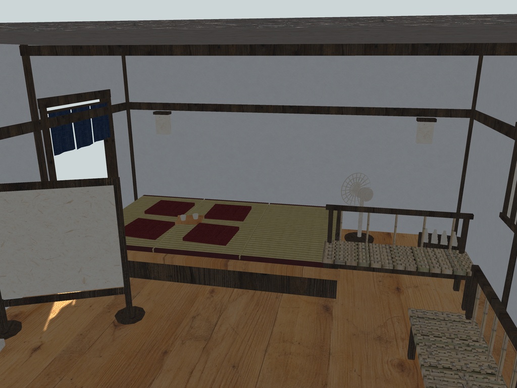 【VRChat想定】旅館の湯上がり処セット|小上がり・籐の長椅子・扇風機・瓶のケース【unitypackage / FBX・OBJ】