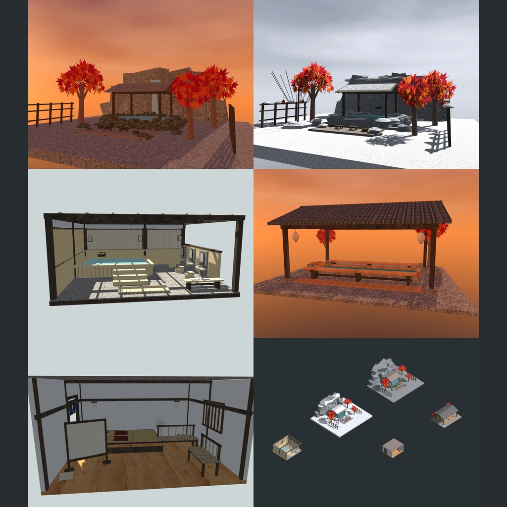 【発売記念セール 9/25まで半額200円】【VRChat想定】湯の宿 5商品セット｜渓谷の露天・雪見の露天・檜の内湯・足湯・湯上がり処【unitypackage同梱】
