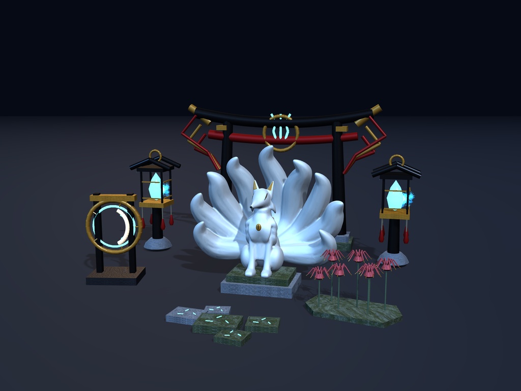 【VRChat想定】異界神域・狐火結界セット|結界門・九尾像・神鏡・狐火5色【unitypackage同梱 / FBX・OBJ】