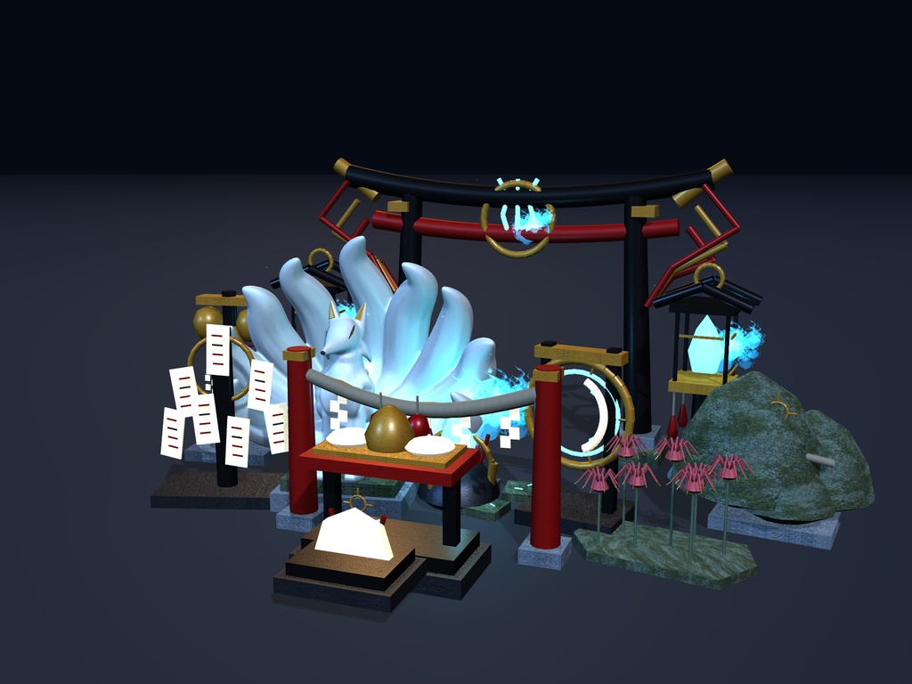 【VRChat想定】異界神域・狐火結界セット|結界門・九尾像・神鏡・狐火5色【unitypackage同梱 / FBX・OBJ】