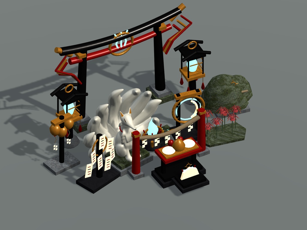 【VRChat想定】異界神域・狐火結界セット|結界門・九尾像・神鏡・狐火5色【unitypackage同梱 / FBX・OBJ】