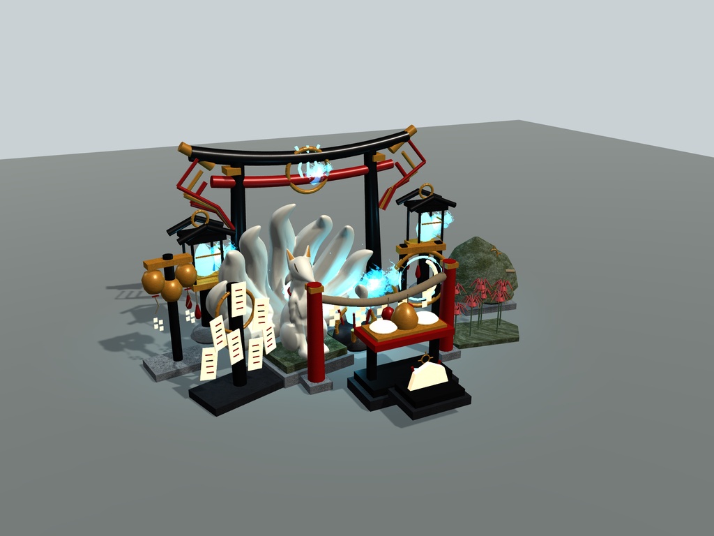 【VRChat想定】異界神域・狐火結界セット|結界門・九尾像・神鏡・狐火5色【unitypackage同梱 / FBX・OBJ】