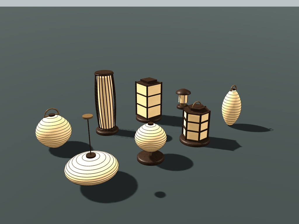 【無料】【VRChat想定】和紙の灯り8種セット|提灯・行灯・3色と消灯【unitypackage同梱 / FBX・OBJ】