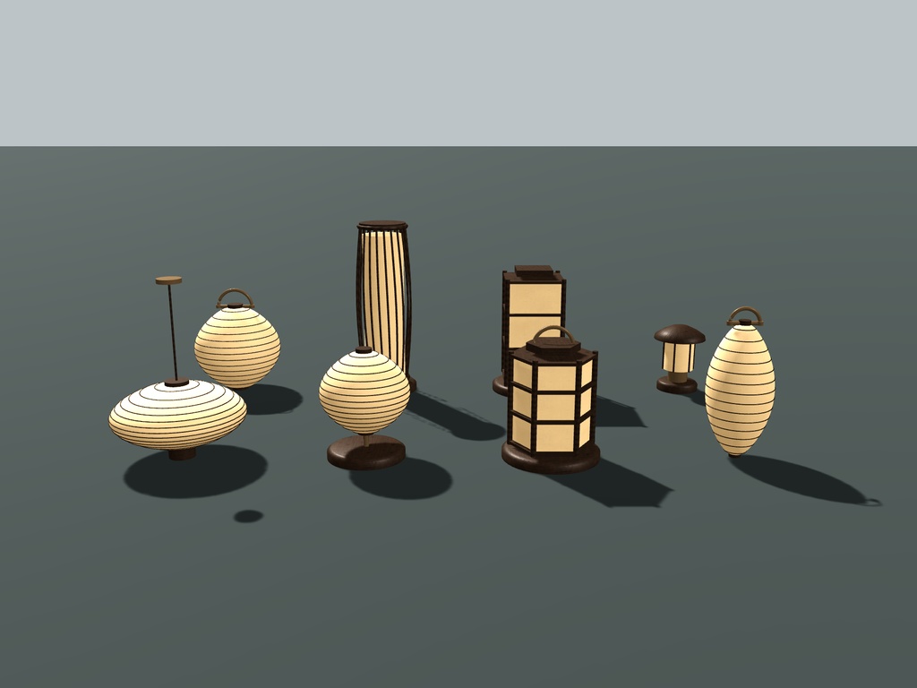 【無料】【VRChat想定】和紙の灯り8種セット|提灯・行灯・3色と消灯【unitypackage同梱 / FBX・OBJ】