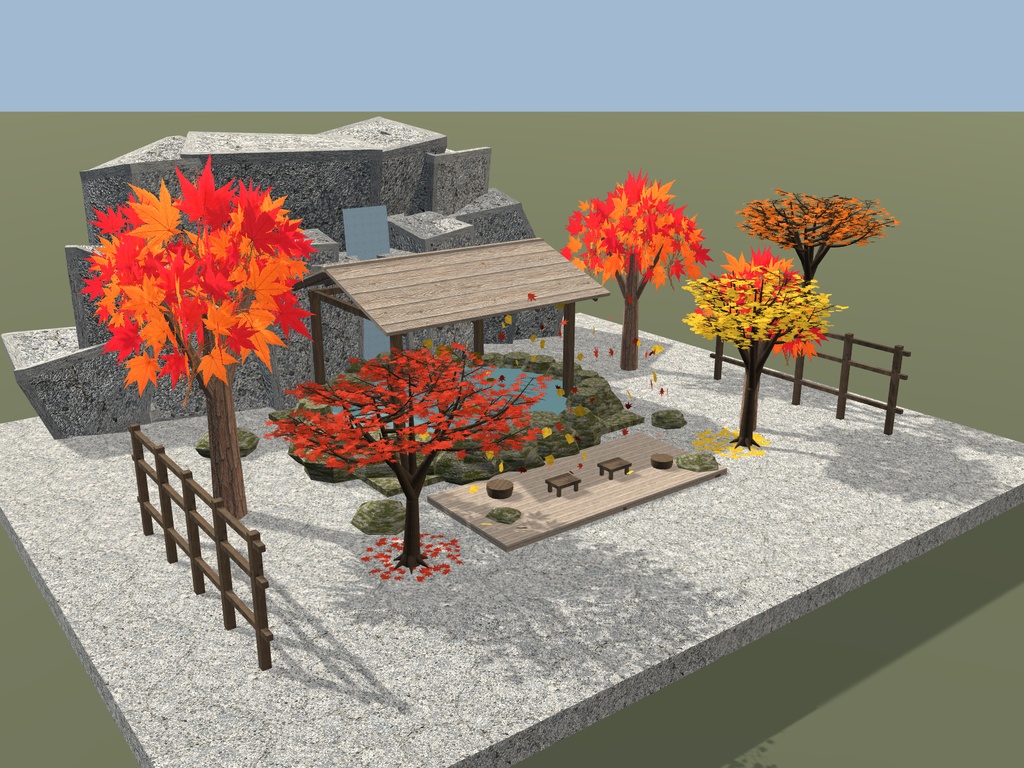 【無料】【VRChat想定】秋庭・紅葉と銀杏セット|樹木3種・舞う落葉・飛石【unitypackage同梱 / FBX・OBJ】