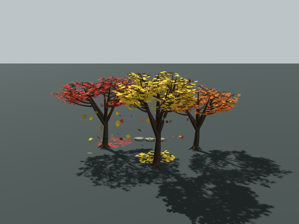 【無料】【VRChat想定】秋庭・紅葉と銀杏セット|樹木3種・舞う落葉・飛石【unitypackage同梱 / FBX・OBJ】