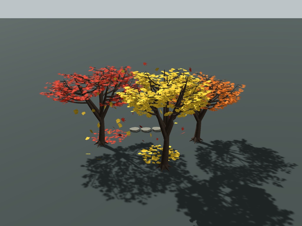 【無料】【VRChat想定】秋庭・紅葉と銀杏セット｜樹木3種・舞う落葉・飛石【unitypackage同梱 / FBX・OBJ】