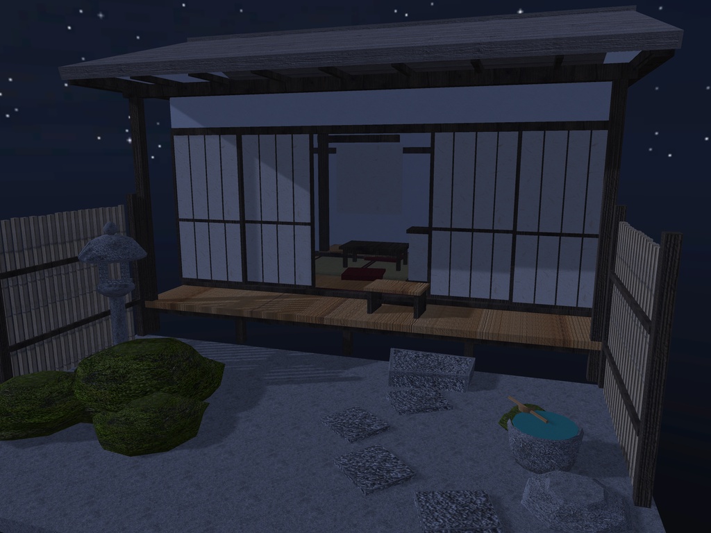 【VRChat想定】縁側の月見座敷セット|四畳半・濡れ縁・深い軒・白砂と築山の庭【unitypackage / FBX・OBJ】