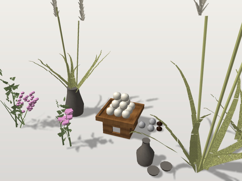 【無料】【VRChat想定】月見の飾り一式|三方と月見団子・ススキ・秋草・徳利と盃【unitypackage / FBX・OBJ】