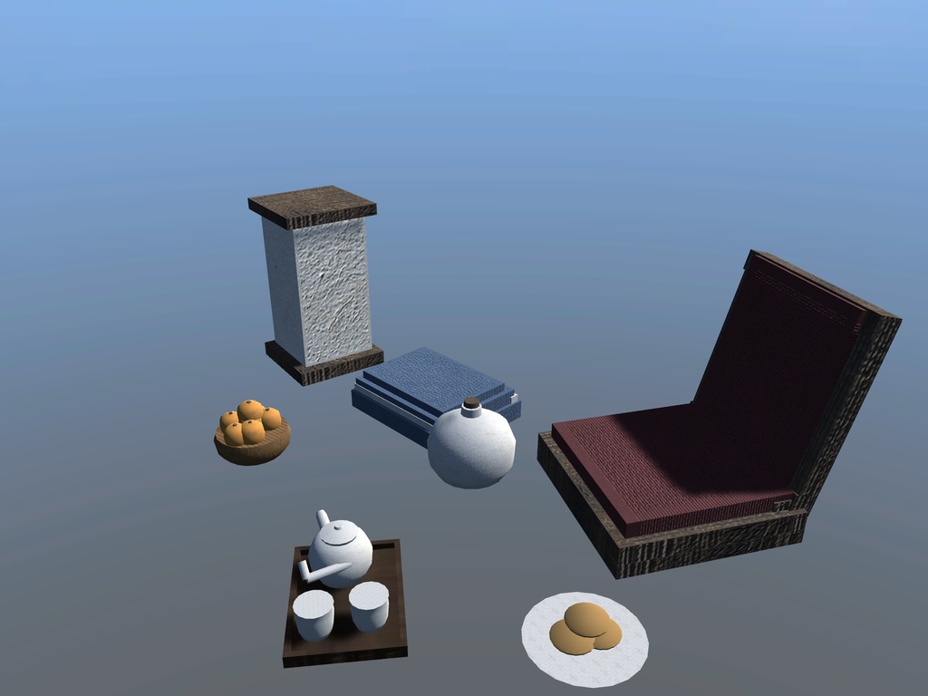 【無料】【VRChat想定】こたつの上のもの一式|みかん盛り・急須と湯呑・湯たんぽ・座椅子・行灯【unitypackage / FBX・OBJ】