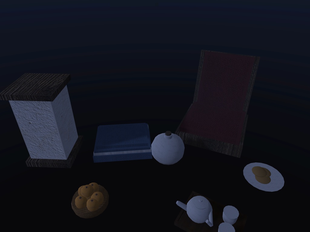 【無料】【VRChat想定】こたつの上のもの一式|みかん盛り・急須と湯呑・湯たんぽ・座椅子・行灯【unitypackage / FBX・OBJ】
