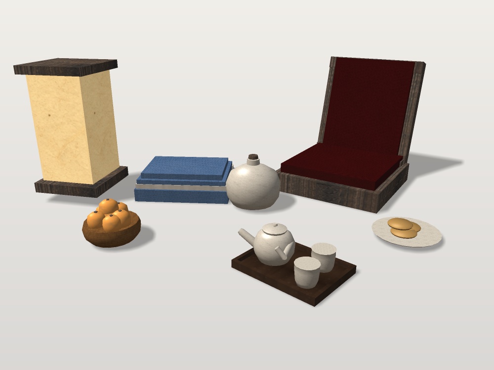 【無料】【VRChat想定】こたつの上のもの一式|みかん盛り・急須と湯呑・湯たんぽ・座椅子・行灯【unitypackage / FBX・OBJ】