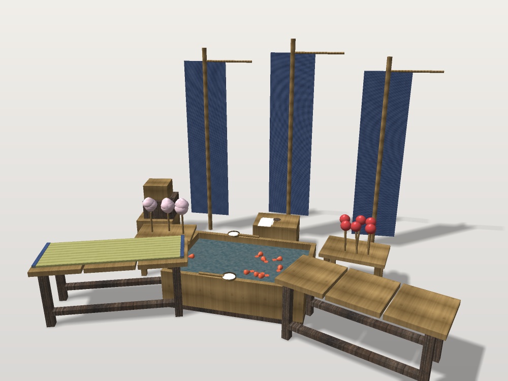 【無料】【VRChat想定】縁日セット|金魚すくい・りんご飴・綿あめ・くじ引き・幟【unitypackage / FBX・OBJ】