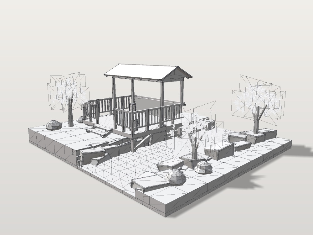 【VRChat想定】紅葉渓谷の屋根付き展望デッキセット|切妻屋根・欄干・渓流・紅葉【unitypackage同梱 / FBX・OBJ】