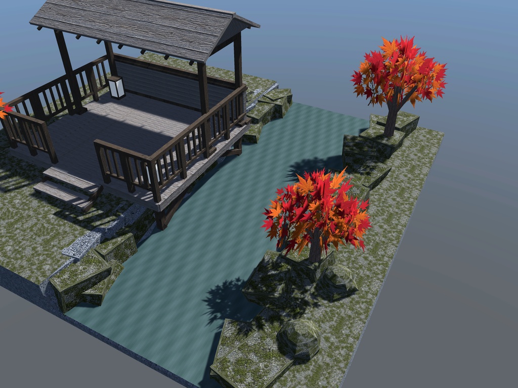 【VRChat想定】紅葉渓谷の屋根付き展望デッキセット|切妻屋根・欄干・渓流・紅葉【unitypackage同梱 / FBX・OBJ】
