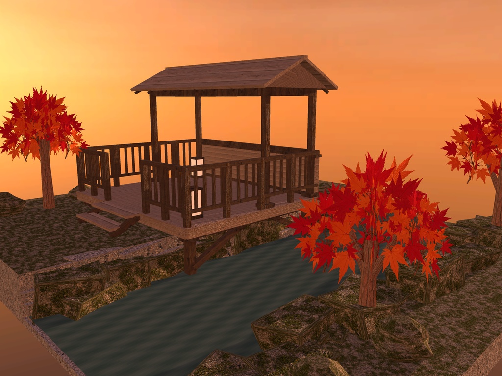 【VRChat想定】紅葉渓谷の屋根付き展望デッキセット|切妻屋根・欄干・渓流・紅葉【unitypackage同梱 / FBX・OBJ】