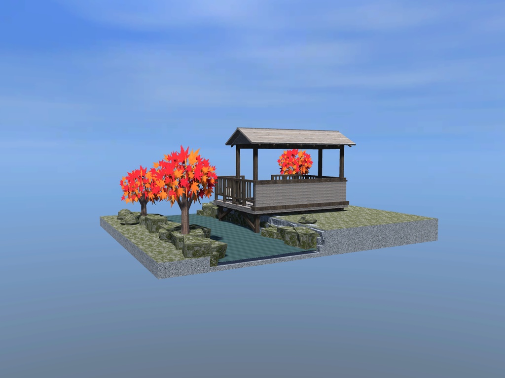 【VRChat想定】紅葉渓谷の屋根付き展望デッキセット|切妻屋根・欄干・渓流・紅葉【unitypackage同梱 / FBX・OBJ】