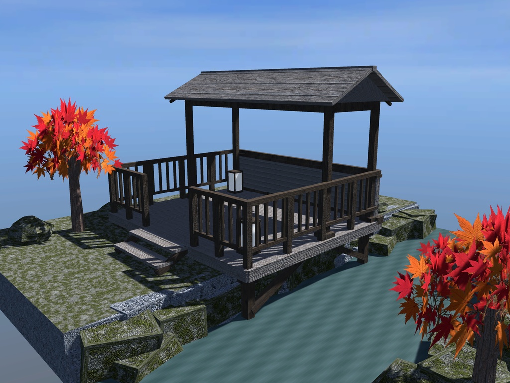 【VRChat想定】紅葉渓谷の屋根付き展望デッキセット|切妻屋根・欄干・渓流・紅葉【unitypackage同梱 / FBX・OBJ】