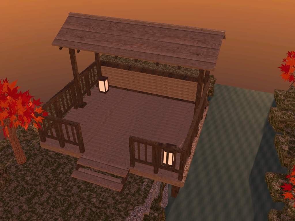 【VRChat想定】紅葉渓谷の屋根付き展望デッキセット｜切妻屋根・欄干・渓流・紅葉【unitypackage同梱 / FBX・OBJ】