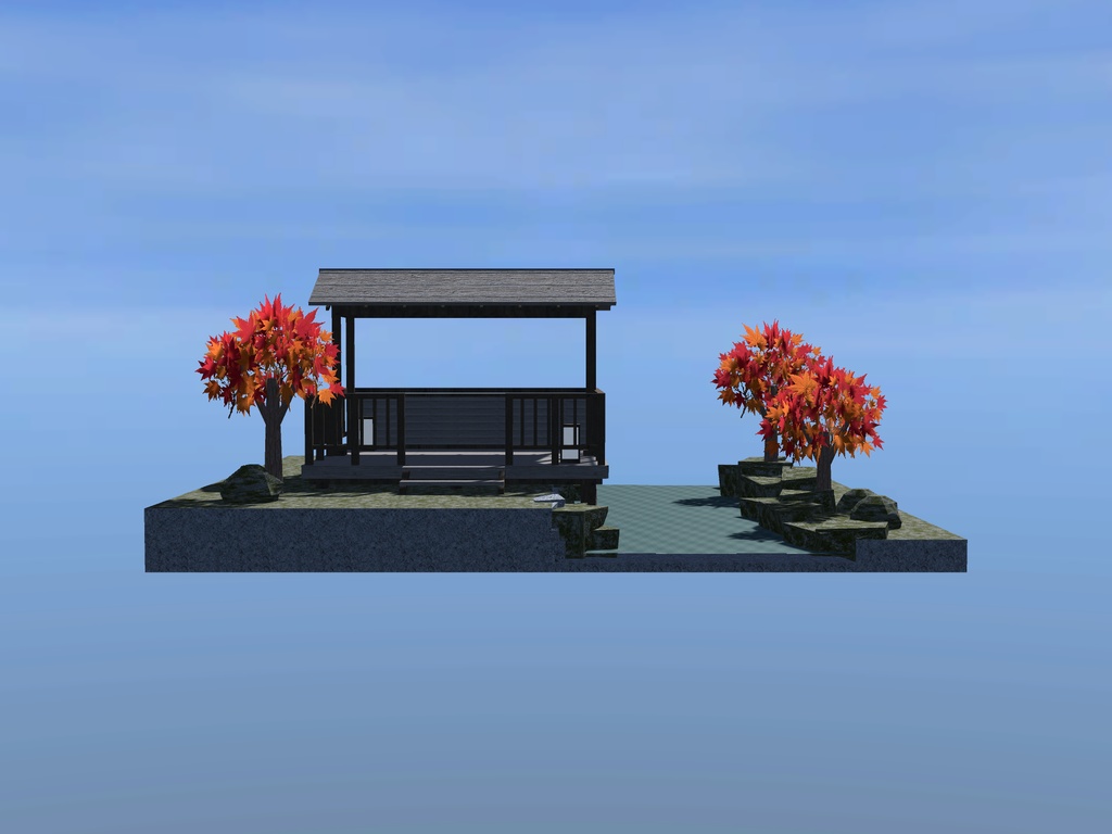 【VRChat想定】紅葉渓谷の屋根付き展望デッキセット|切妻屋根・欄干・渓流・紅葉【unitypackage同梱 / FBX・OBJ】