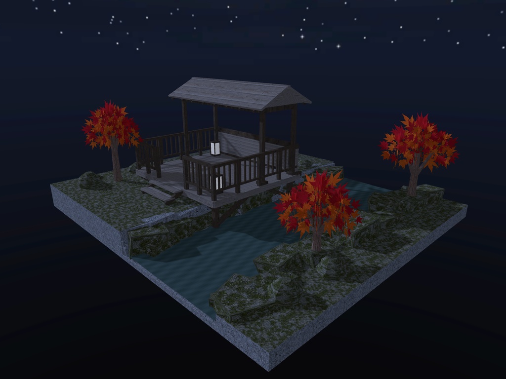 【VRChat想定】紅葉渓谷の屋根付き展望デッキセット|切妻屋根・欄干・渓流・紅葉【unitypackage同梱 / FBX・OBJ】