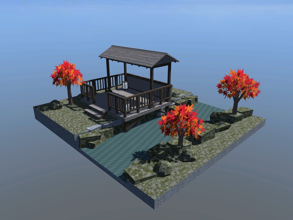【VRChat想定】紅葉渓谷の屋根付き展望デッキセット|切妻屋根・欄干・渓流・紅葉【unitypackage同梱 / FBX・OBJ】