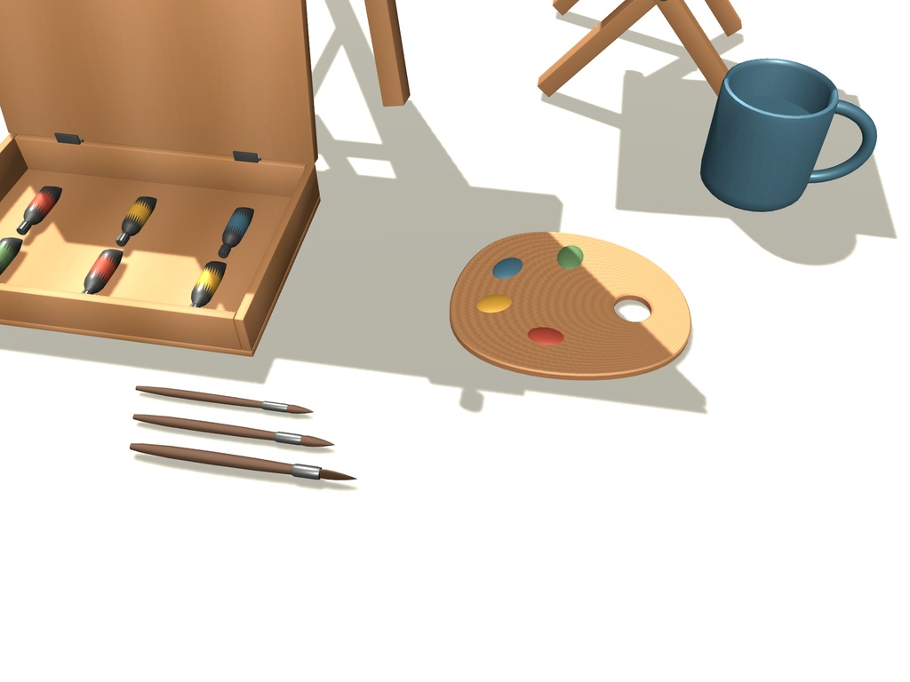 【無料】【VRChat想定】秋の写生道具一式|イーゼル・画材・折畳腰掛け【unitypackage同梱 / FBX・OBJ】