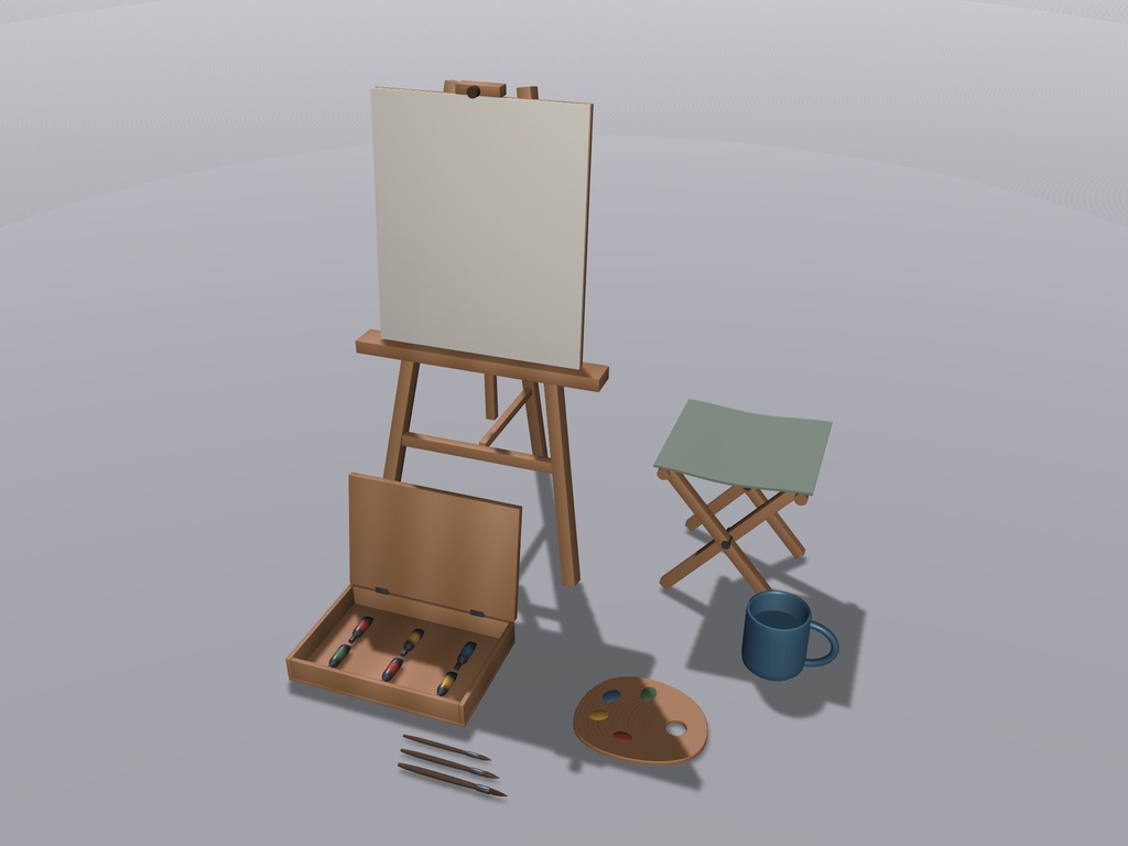 【無料】【VRChat想定】秋の写生道具一式|イーゼル・画材・折畳腰掛け【unitypackage同梱 / FBX・OBJ】