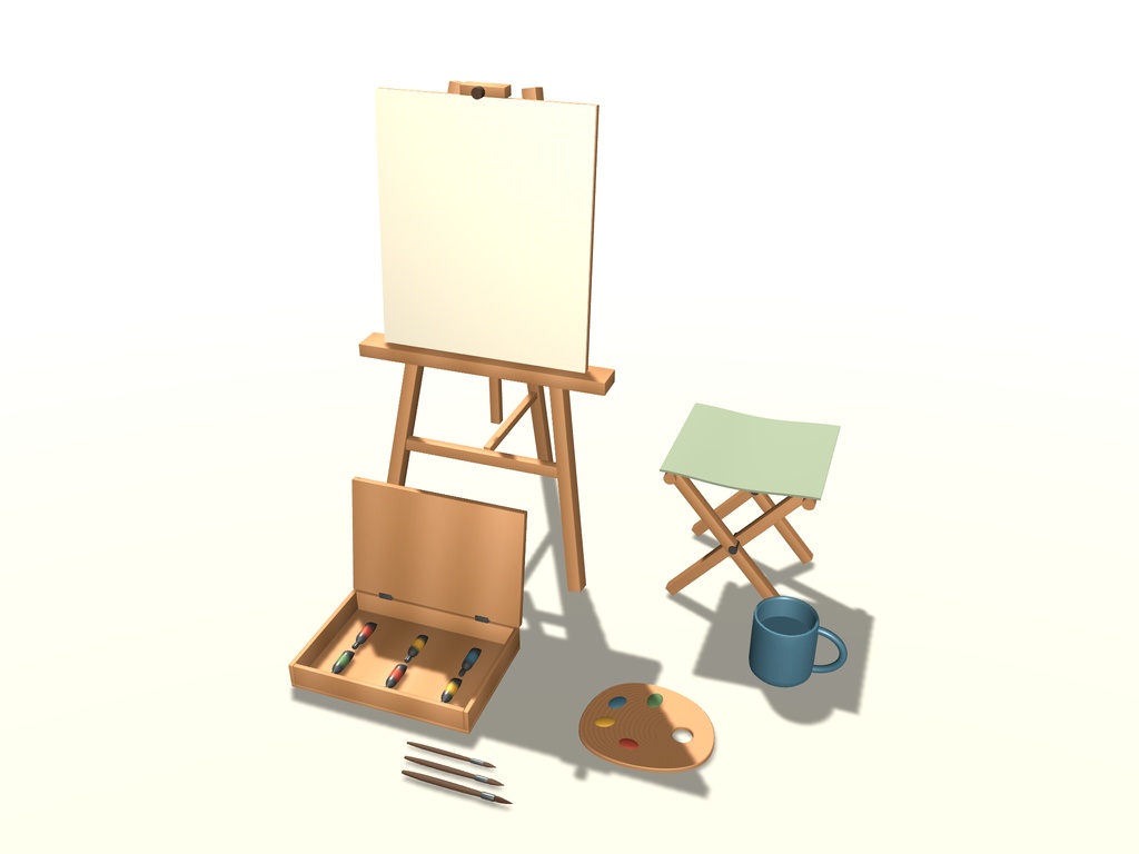 【無料】【VRChat想定】秋の写生道具一式|イーゼル・画材・折畳腰掛け【unitypackage同梱 / FBX・OBJ】