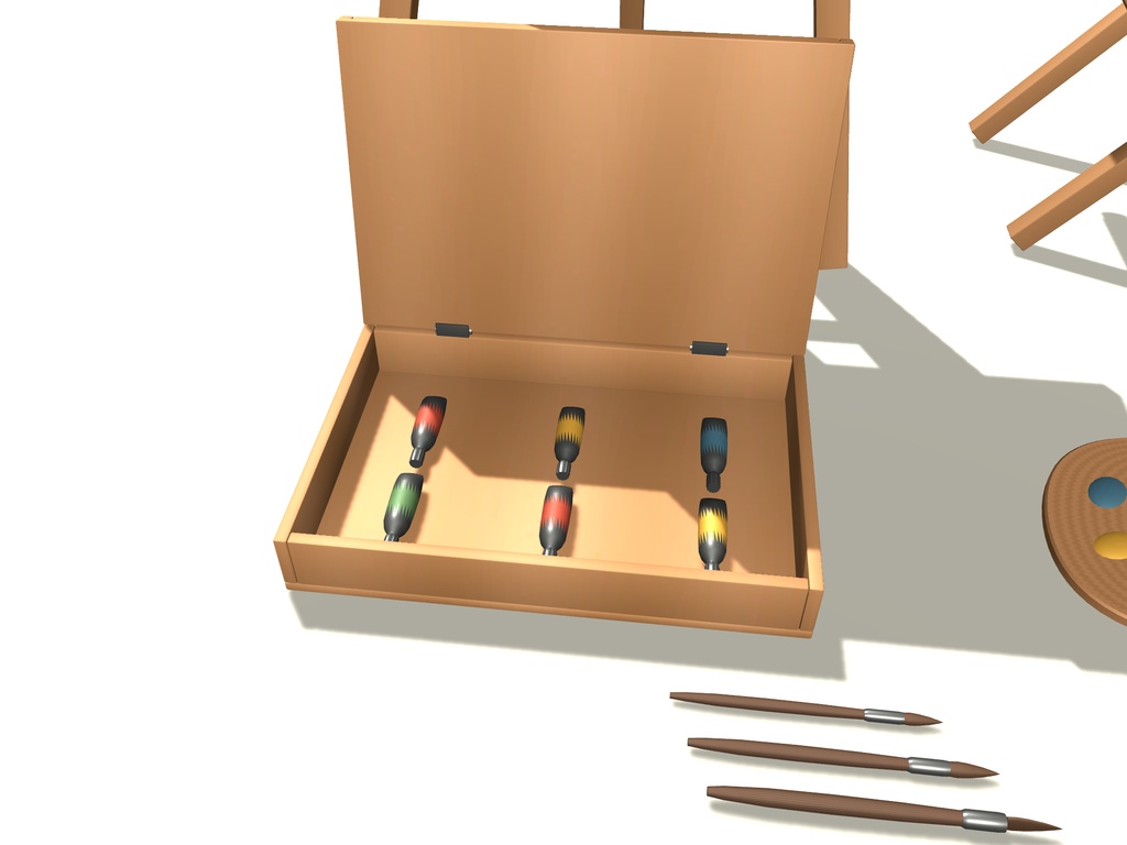 【無料】【VRChat想定】秋の写生道具一式|イーゼル・画材・折畳腰掛け【unitypackage同梱 / FBX・OBJ】
