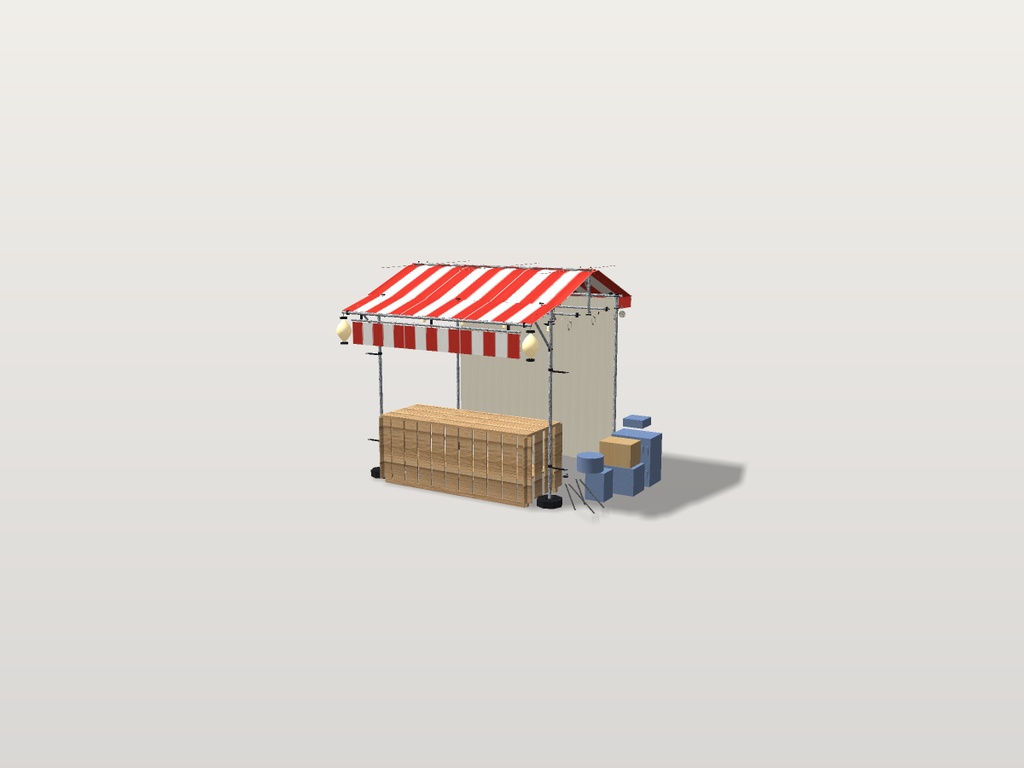 【VRChat想定】祭りの露店 素体|布屋根6種・パイプ骨組・木の販売台・裸電球と提灯【unitypackage同梱 / FBX・OBJ】