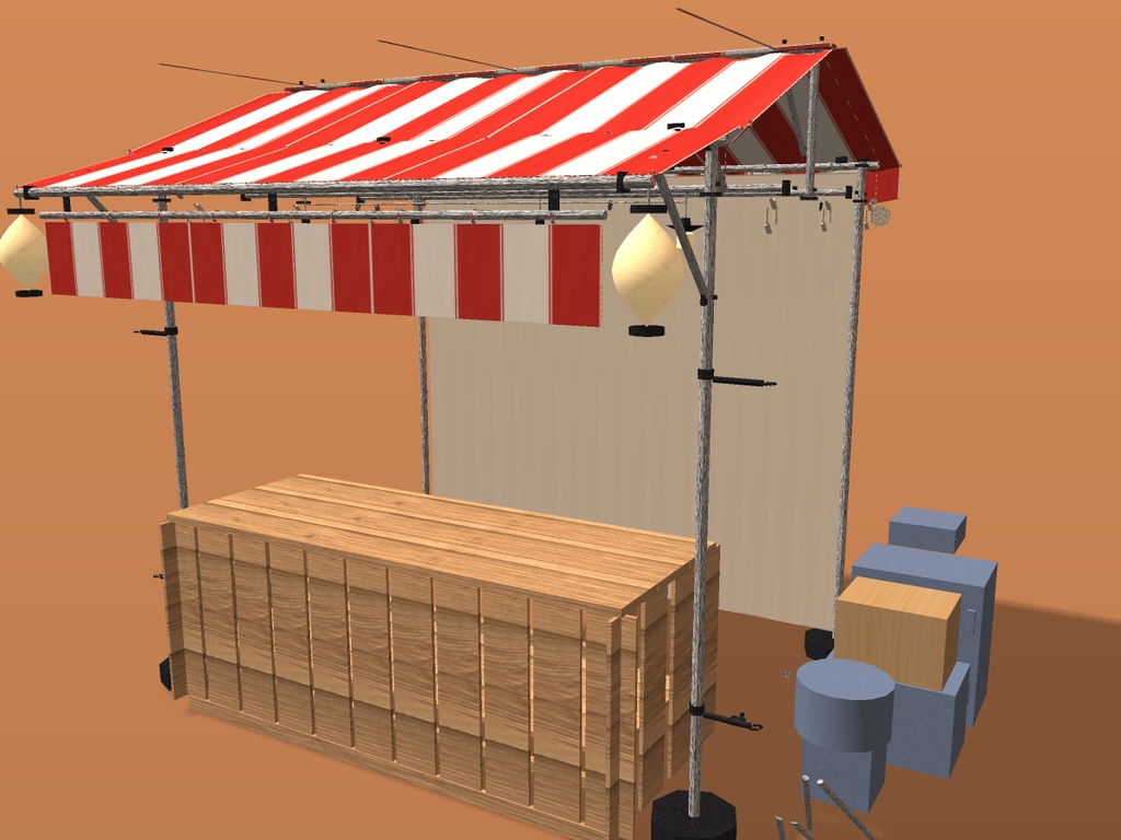 【VRChat想定】祭りの露店 素体｜布屋根6種・パイプ骨組・木の販売台・裸電球と提灯【unitypackage同梱 / FBX・OBJ】