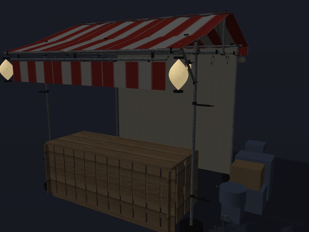 【VRChat想定】祭りの露店 素体|布屋根6種・パイプ骨組・木の販売台・裸電球と提灯【unitypackage同梱 / FBX・OBJ】