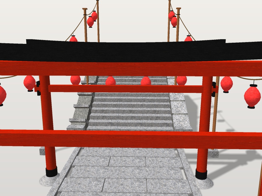 【VRChat想定】秋祭りの参道|朱の鳥居3基・石段・吊り提灯24灯【unitypackage同梱 / FBX・OBJ】