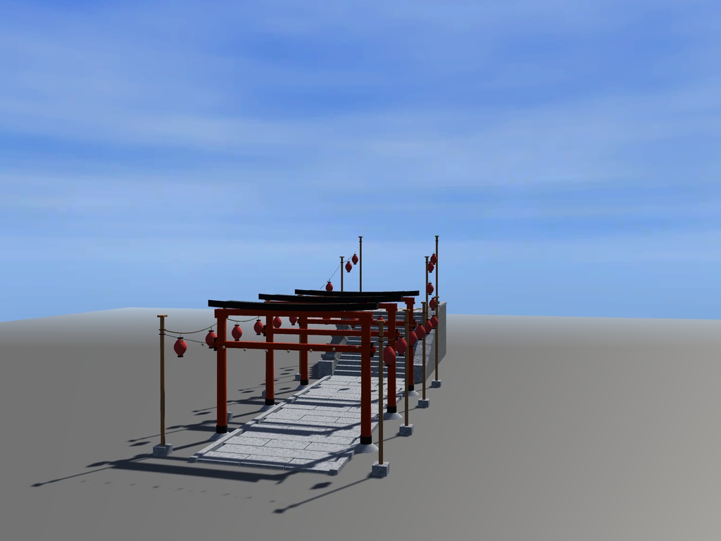 【VRChat想定】秋祭りの参道|朱の鳥居3基・石段・吊り提灯24灯【unitypackage同梱 / FBX・OBJ】