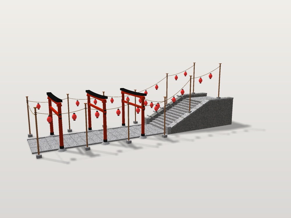 【VRChat想定】秋祭りの参道|朱の鳥居3基・石段・吊り提灯24灯【unitypackage同梱 / FBX・OBJ】