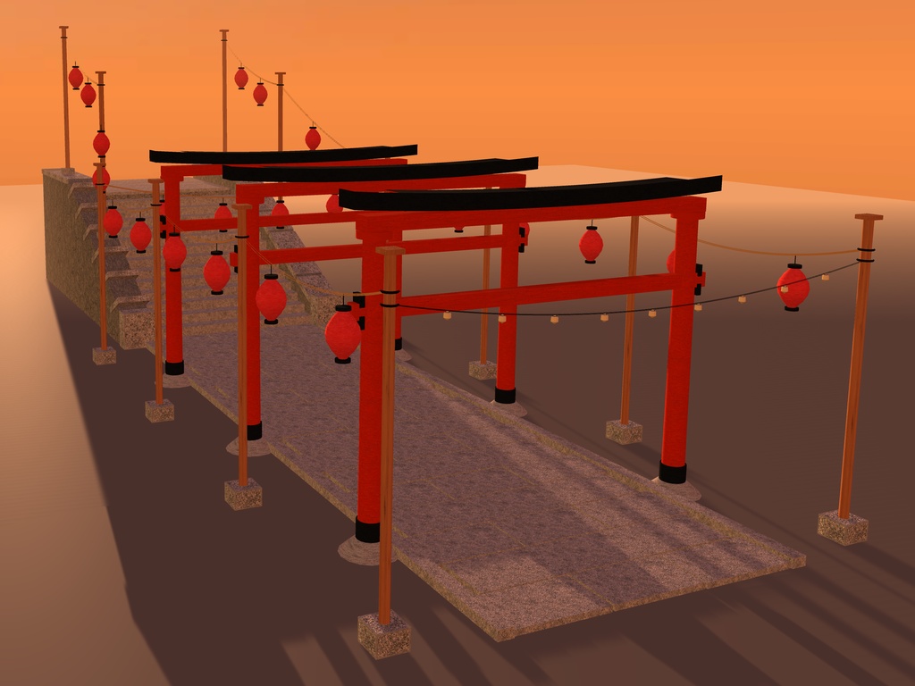 【VRChat想定】秋祭りの参道｜朱の鳥居3基・石段・吊り提灯24灯【unitypackage同梱 / FBX・OBJ】