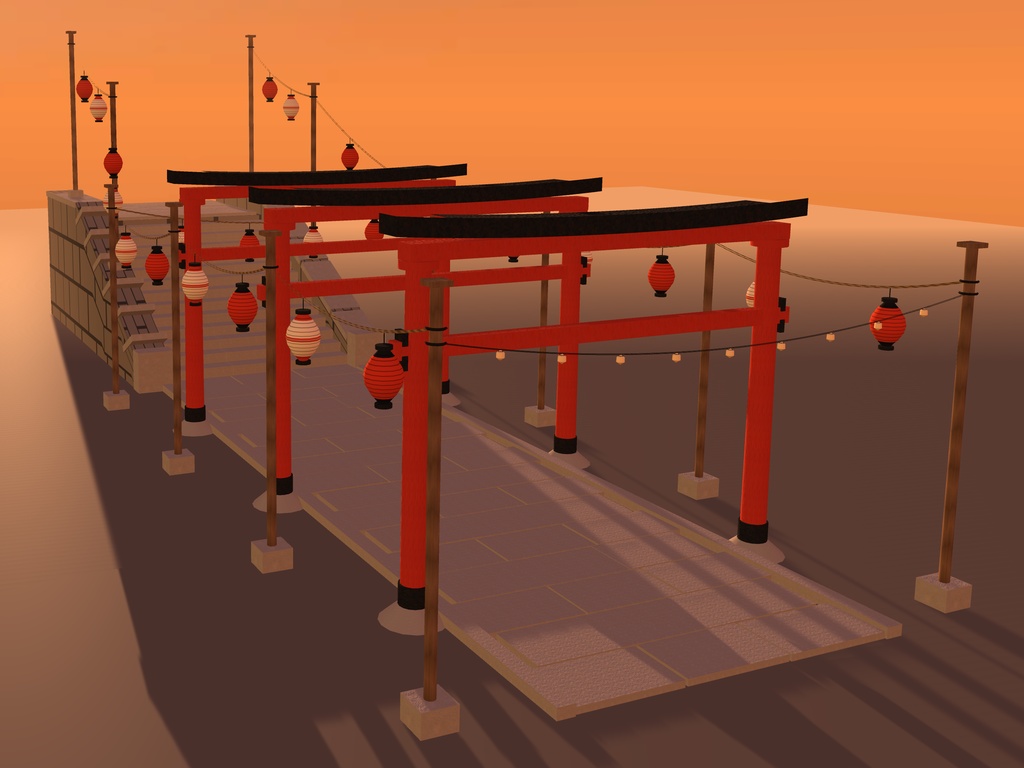 【VRChat想定】秋祭りの参道｜朱の鳥居3基・石段・吊り提灯24灯【unitypackage同梱 / FBX・OBJ】