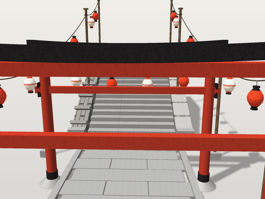 【VRChat想定】秋祭りの参道|朱の鳥居3基・石段・吊り提灯24灯【unitypackage同梱 / FBX・OBJ】
