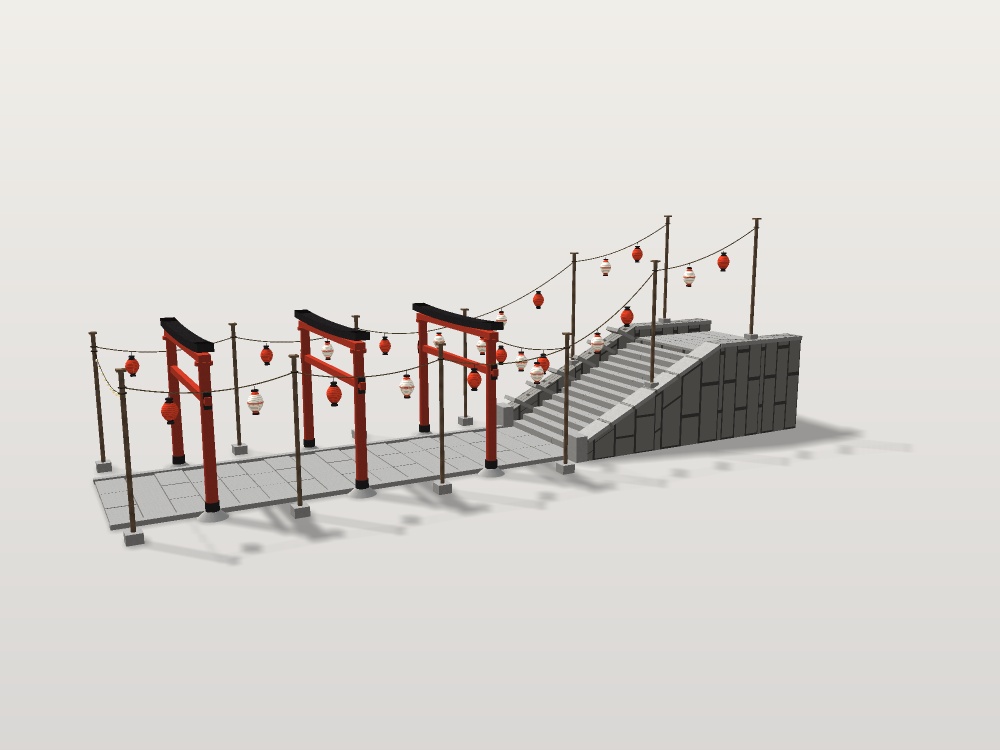 【VRChat想定】秋祭りの参道|朱の鳥居3基・石段・吊り提灯24灯【unitypackage同梱 / FBX・OBJ】