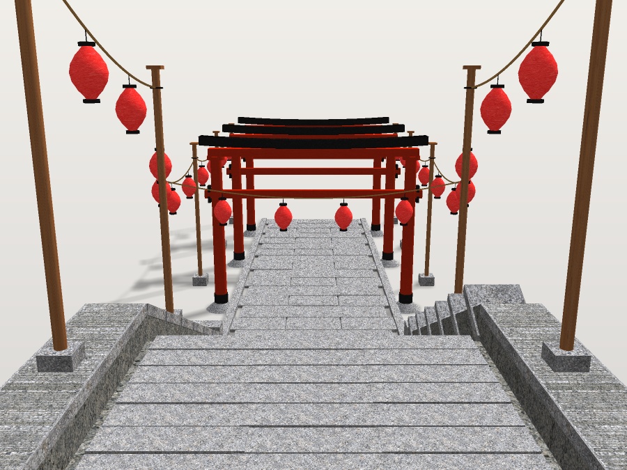 【VRChat想定】秋祭りの参道|朱の鳥居3基・石段・吊り提灯24灯【unitypackage同梱 / FBX・OBJ】