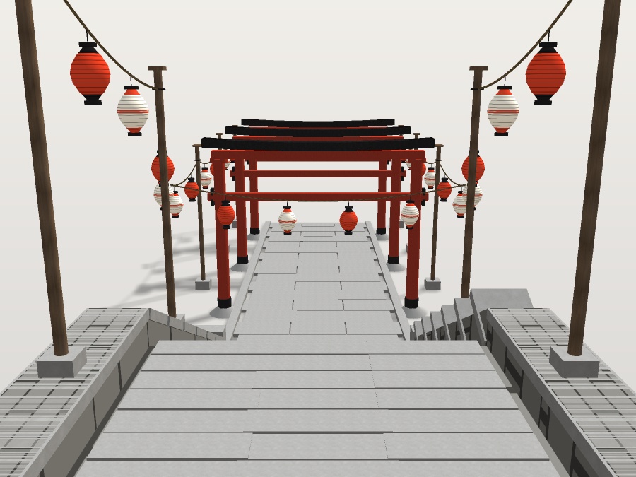 【VRChat想定】秋祭りの参道|朱の鳥居3基・石段・吊り提灯24灯【unitypackage同梱 / FBX・OBJ】