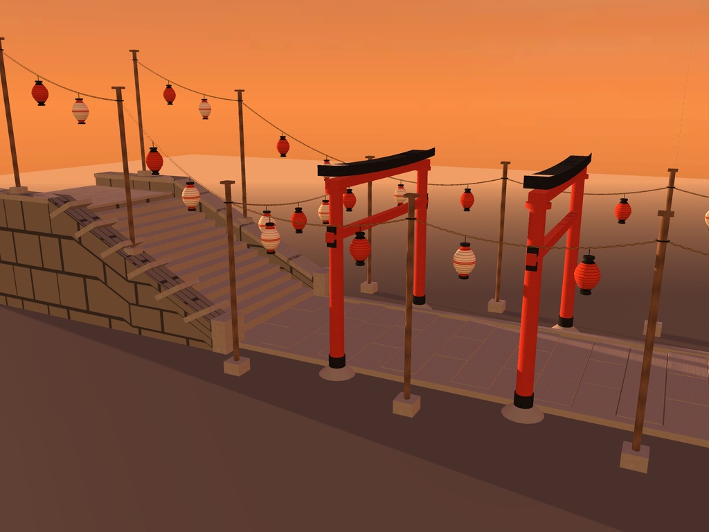 【VRChat想定】秋祭りの参道|朱の鳥居3基・石段・吊り提灯24灯【unitypackage同梱 / FBX・OBJ】
