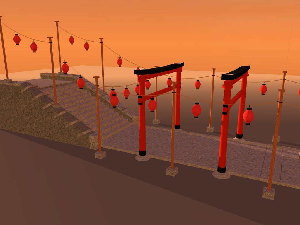 【VRChat想定】秋祭りの参道|朱の鳥居3基・石段・吊り提灯24灯【unitypackage同梱 / FBX・OBJ】