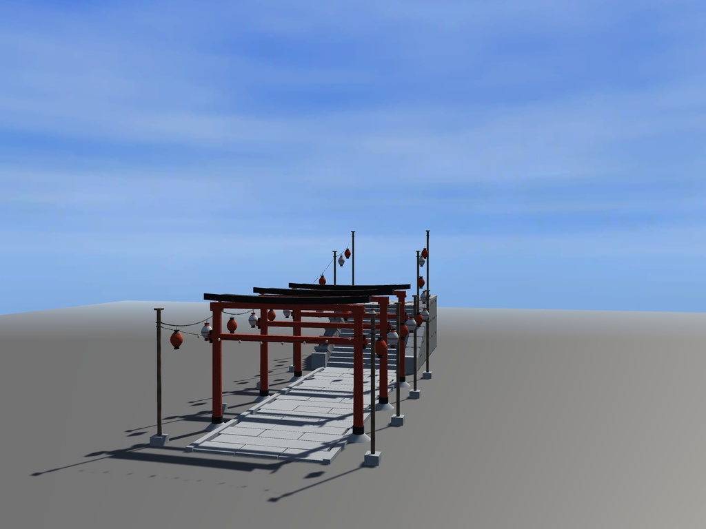 【VRChat想定】秋祭りの参道|朱の鳥居3基・石段・吊り提灯24灯【unitypackage同梱 / FBX・OBJ】