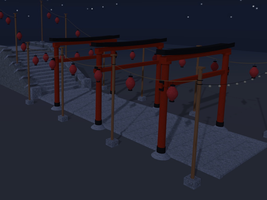 【VRChat想定】秋祭りの参道|朱の鳥居3基・石段・吊り提灯24灯【unitypackage同梱 / FBX・OBJ】