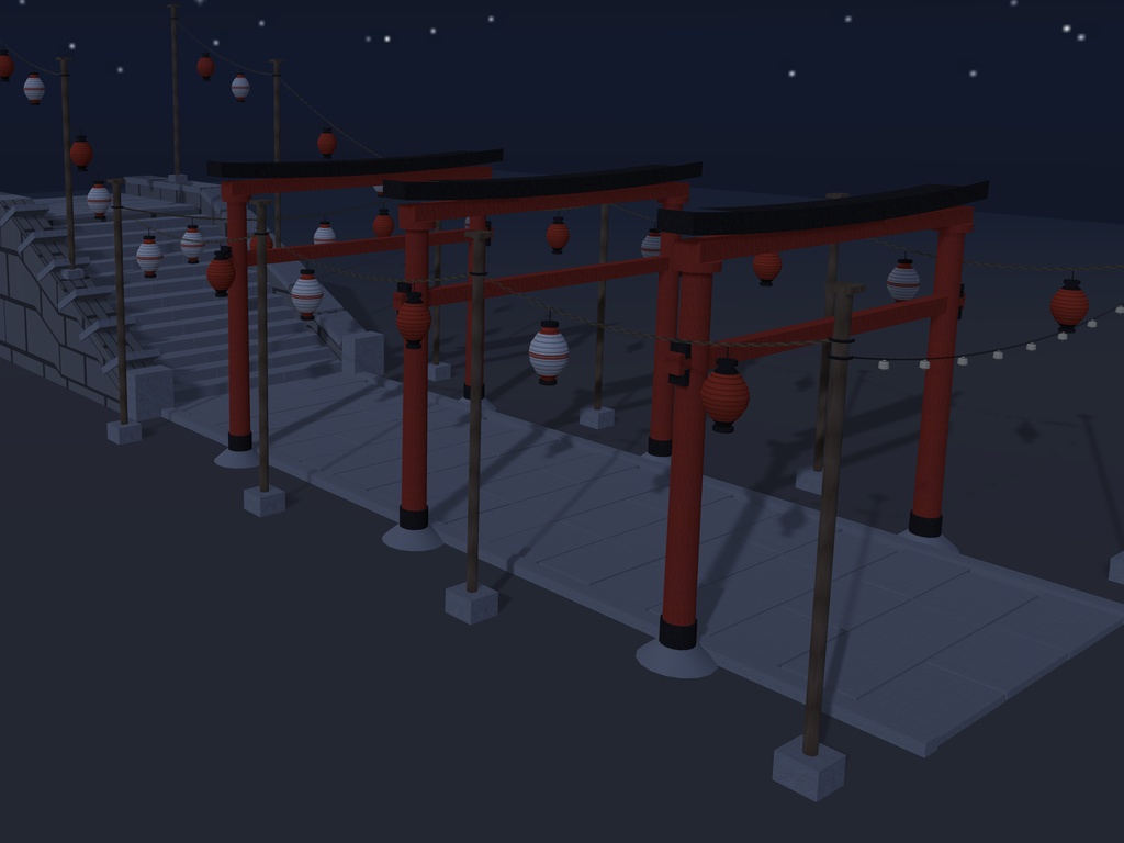 【VRChat想定】秋祭りの参道|朱の鳥居3基・石段・吊り提灯24灯【unitypackage同梱 / FBX・OBJ】